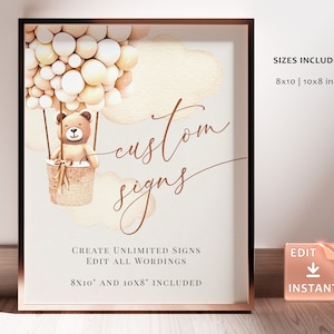 Bear Balloon Baby Shower Sign: Brown Gender Neutral, Editable (Printable)