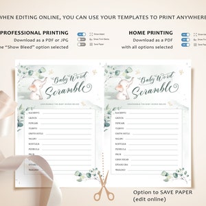 May include: A printable baby word scramble game with a cute elephant illustration. The game features a watercolor background with green leaves and a light blue title. The words to unscramble are listed on the page.