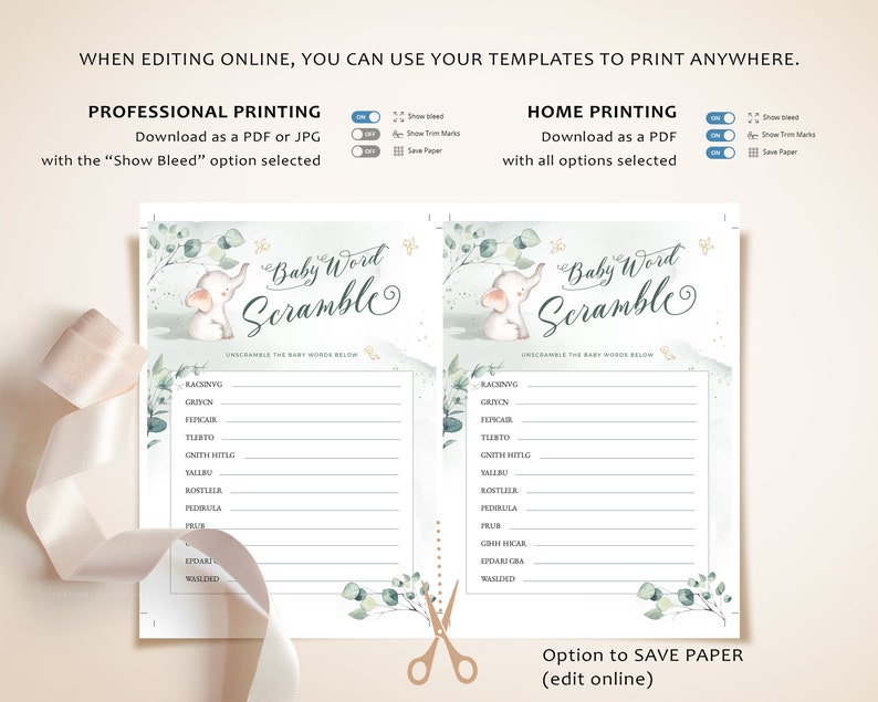 May include: A printable baby word scramble game with a cute elephant illustration. The game features a watercolor background with green leaves and a light blue title. The words to unscramble are listed on the page.