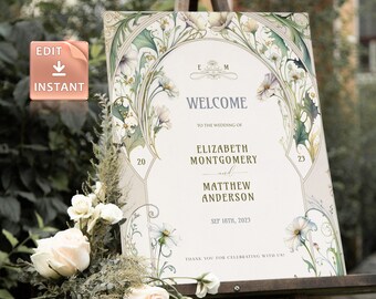 Art Nouveau Wedding Welcome Sign Template, Daisy Floral (Editable)