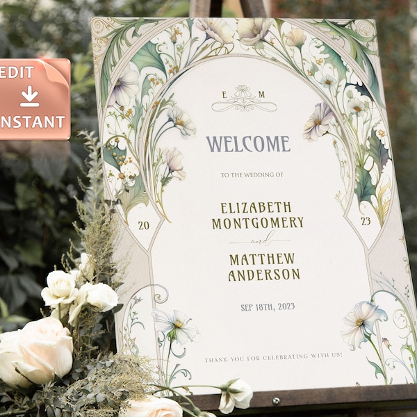 Vintage Daisy signo de bienvenida plantilla de boda Art Nouveau Mucha clásico editable personalizable retro Art Déco tema rugiente 20 margaritas