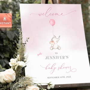 AVA - Pink Girl Baby Shower Welcome Sign, Baby Shower Sign, Editable Baby Welcome Sign, Welcome Sign Peanut Welcome Elephant Welcome Signage