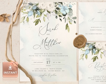 SALMA - Dusty Blue Greenery Wedding Invitation Template, Watercolor Eucalyptus Wedding Invite, Bohemian Wedding Template Suite, Download