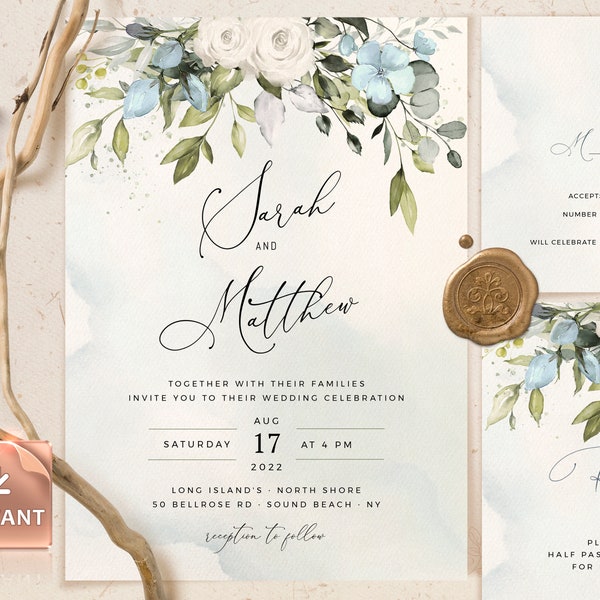 SALMA - Dusty Blue Greenery Wedding Invitation Template, Watercolor Eucalyptus Wedding Invite, Bohemian Wedding Template Suite, Download