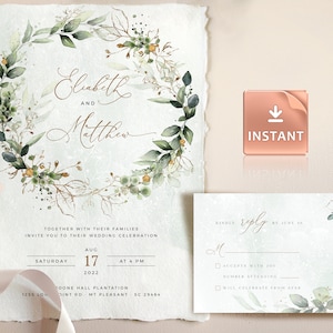 CLEO - Wedding Invitation with Eucalyptus Greenery and Faux Gold • INSTANT DOWNLOAD • Printable, Editable and Customizable, Printable Invite