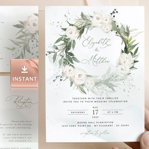 White Roses Wedding Invitation Template: Greenery Eucalyptus Bundle (Digital Download)