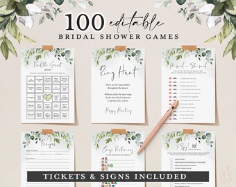 Greenery Bridal Shower Games Bundle: 66 Cards, Signs, Tickets (Printable)