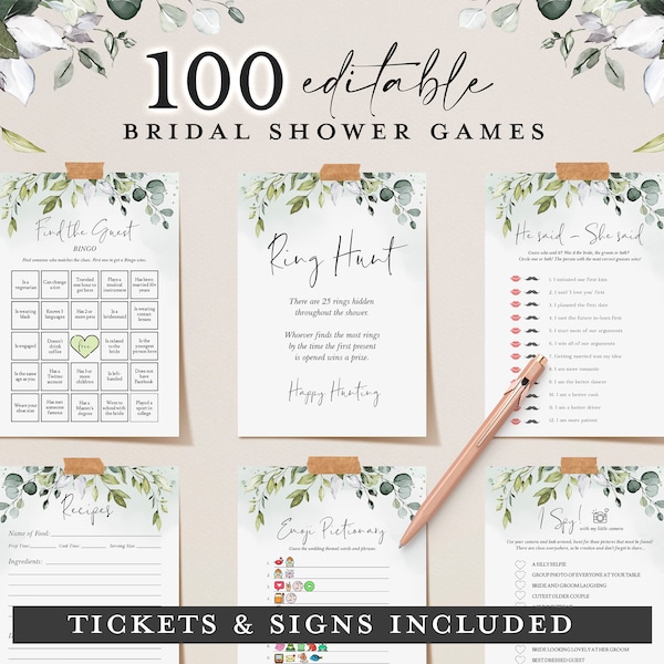 Greenery Bridal Shower Games Bundle: 66 Cards, Signs, Tickets (Printable)