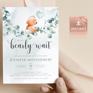 Plantilla de invitación para baby shower con osito de peluche: acuarela de eucalipto (editable e imprimible)