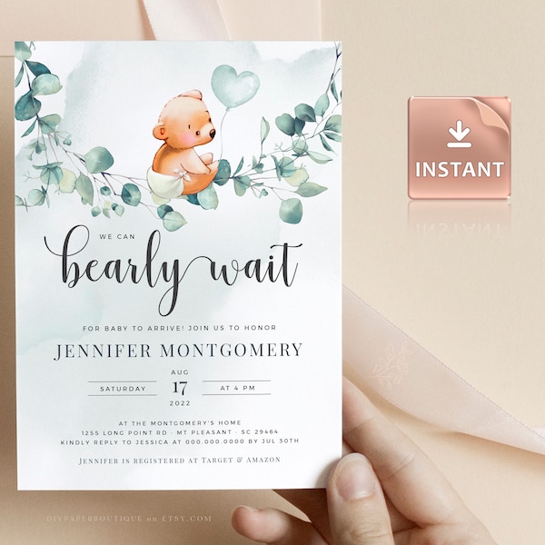 Teddy Bear Baby Shower Invitation Template: Eucalyptus Watercolor (Editable, Printable)