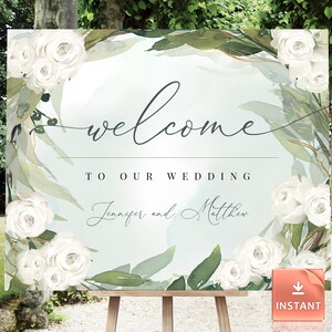 White Roses Wedding Welcome Sign: Boho Greenery (Printable)