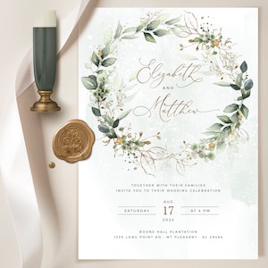 Greenery Wedding Invitation Template: Boho Foliage, Faux Gold (Editable Instant Download)