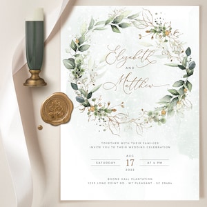 CLEO Greenery Faux Gold Wedding Invitation Template Download istantaneo modificabile, Boho Wedding Invite Template, Fogliame ad acquerello dipinto a mano