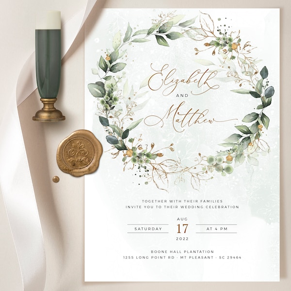 CLEO Greenery Faux Gold Wedding Invitation Template Téléchargement instantané modifiable, Modèle d'invitation de mariage Boho, Feuillage aquarelle peint à la main