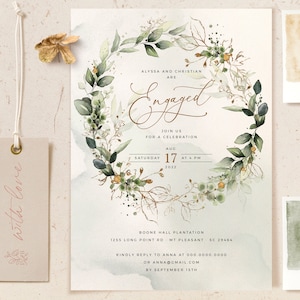 CLEO - Modello di invito di fidanzamento Boho Greenery, annuncio invito finto oro, download immediato, modificabile, stampabile fai da te personalizzabile