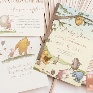 POOH - Classico set doccia per bambini Winnie-The-Pooh, invito per bambini con orsetto, lotteria di pannolini, richiesta di libro, modello modificabile di biglietto di ringraziamento