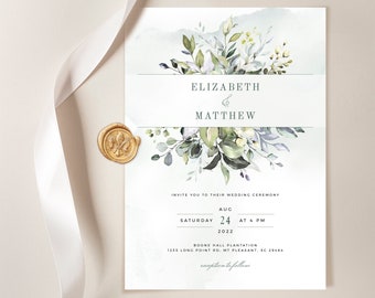 REESE - Greenery Wedding Invitation Template - Printable Watercolor Greenery and White Flowers Wedding Invite - DIY, Editable, Templett