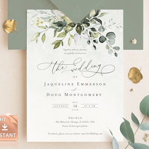 Editable Greenery Wedding Invitation Template, Boho Watercolor Eucalyptus Wedding Invite, Bohemian Wedding Templates, Instant Download REESE image 8