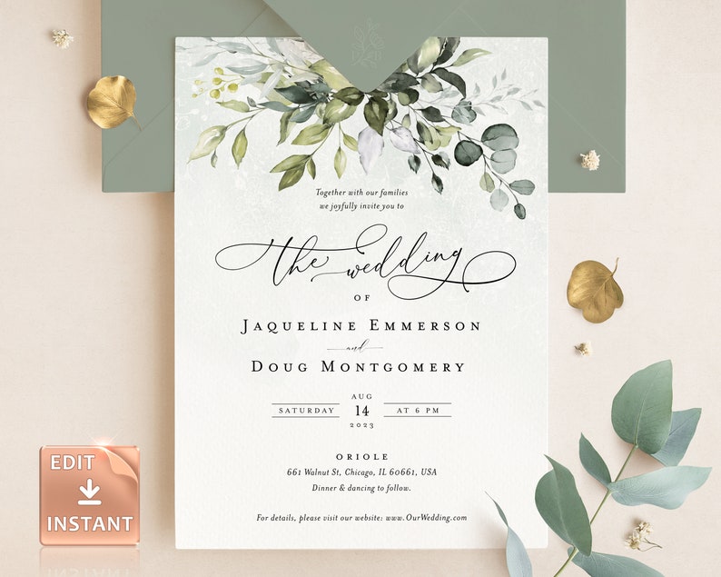 Editable Greenery Wedding Invitation Template, Boho Watercolor Eucalyptus Wedding Invite, Bohemian Wedding Templates, Instant Download REESE image 8