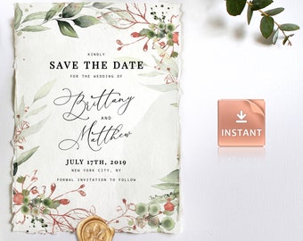 LUMI - FAUX Rose Gold Save the Date Printable Card, Boho Aquarelle Verdure avec Eucalyptus, Annonce imprimable, Modèle modifiable