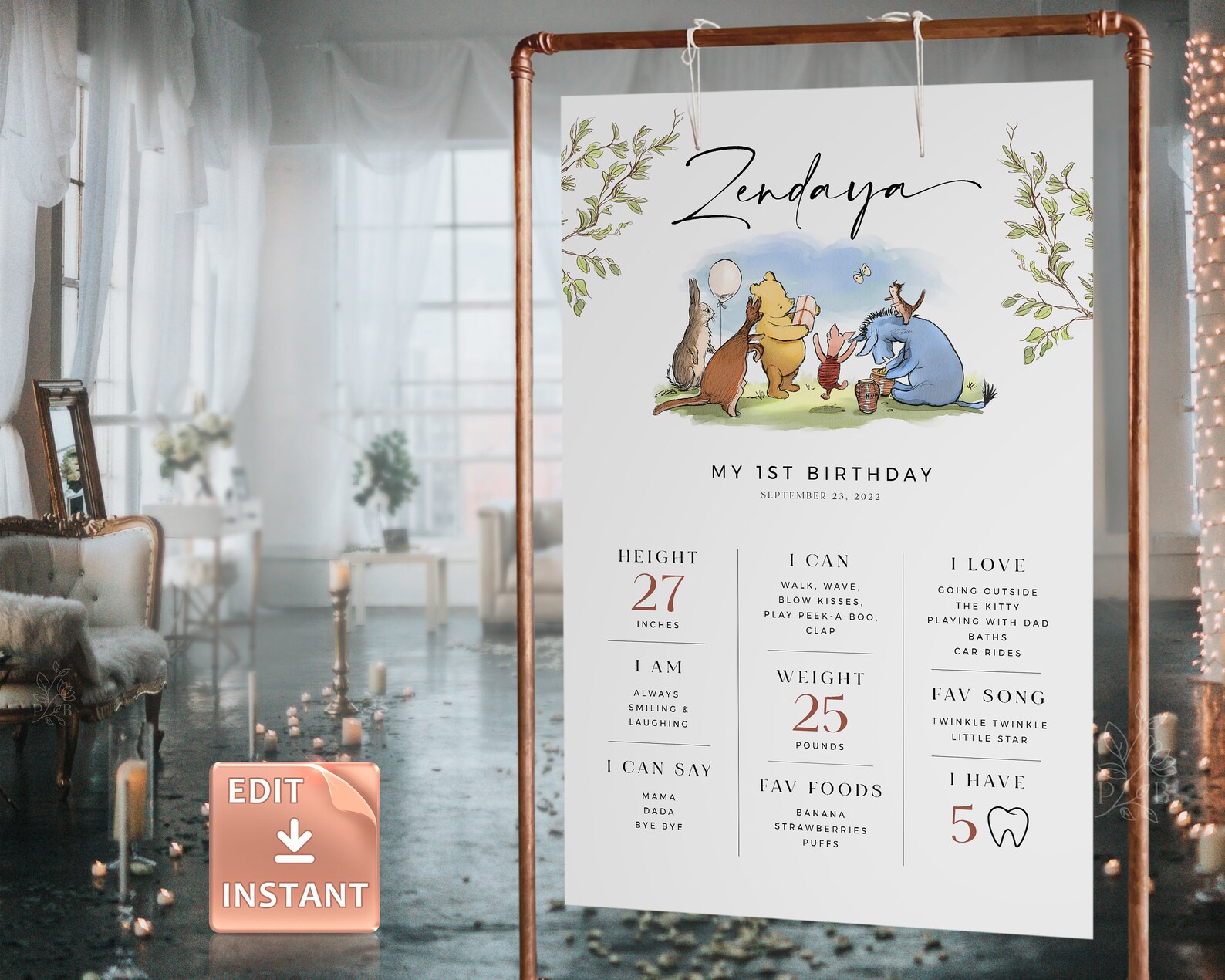 Winnie the Pooh 1st Birthday Milestone Board: Printable Sign (editable ...