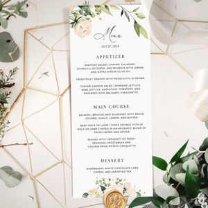 NEVE - Scheda menu stampabile con rose bianche, menu di nozze nel verde, modelli stampabili modificabili personalizzabili Menu addio al nubilato Brunch Cena