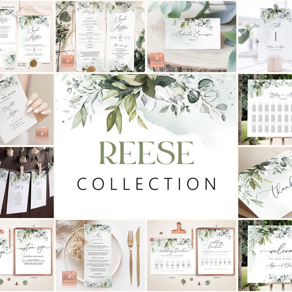 Greenery Wedding Template Collection, Boho Wedding Stationery Bundle, Wedding Invitation Set, Invitation Template Kit, Download Set, REESE