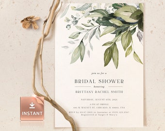 REESE - Modern Greenery Bridal Shower Invitation Template, Eucalyptus Greenery Pale Green, Instant Download, Printable Bridal Invites