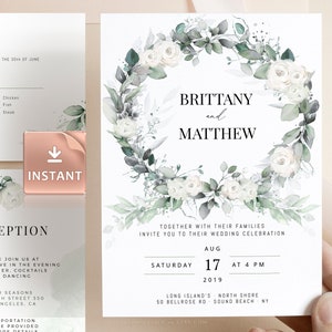 White Roses Wedding Invitation Template Set (Digital Download)