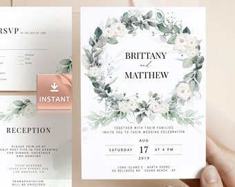 White Roses Wedding Invitation Template Set (digital Download