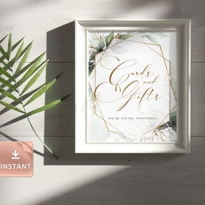 CLEO - kaarten en geschenken teken, bewerkbare bruiloft sjabloon, gouden groen gebladerte bruiloft poster, receptie decor eucalyptus afdrukbare Boho