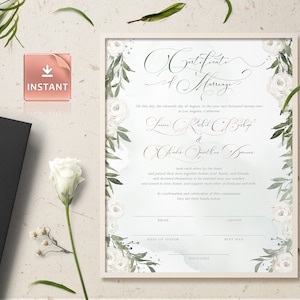 NEVE - Script Elegance Heiratsurkunde, weiße Rosen Modern Zertifikat Andenken grün Hochzeit Zertifikat Vorlage Hochzeit Download