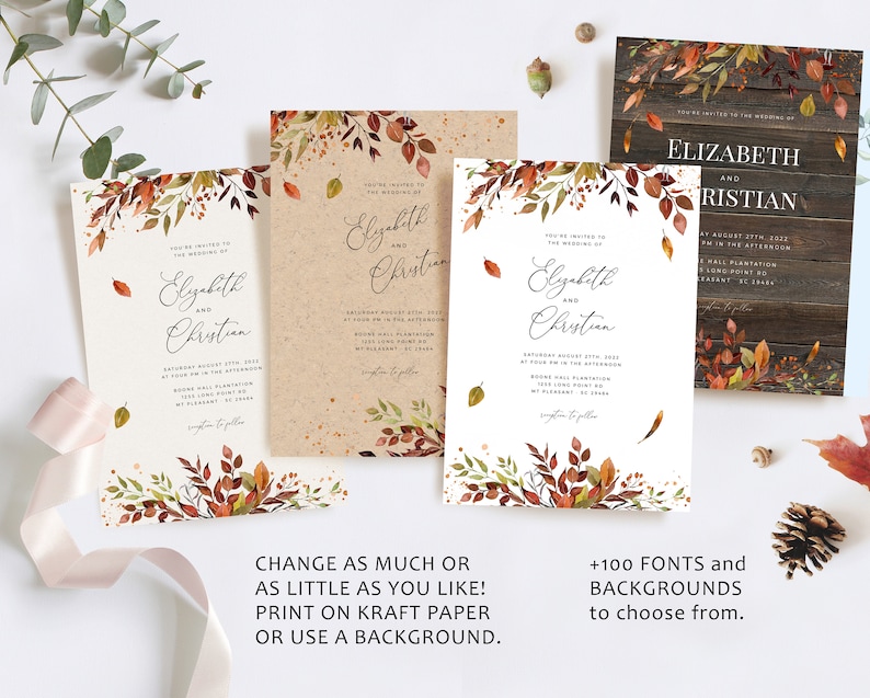 SIENNA BOHO Fall Wedding Invitation Template, Autumn Leaves and Greenery, INSTANT Download Editable Suite, Printable Marriage, Fall Bundle image 2