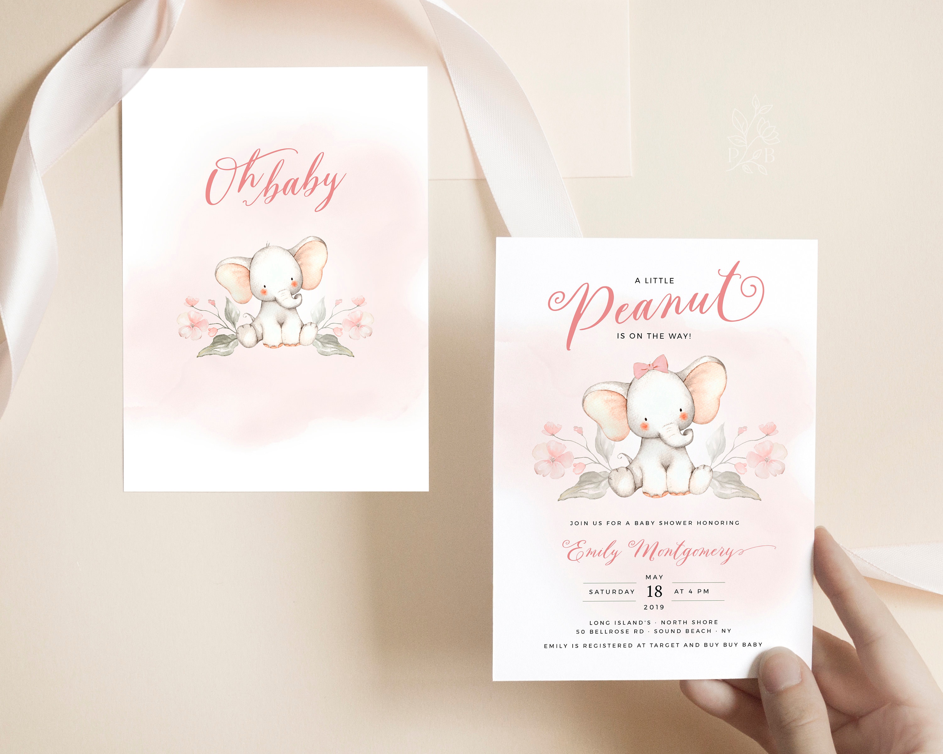 Pink Elephant Baby Shower Invitation Template (digital Download) - Etsy