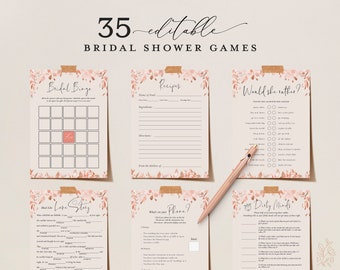 MONA - 35 Editable Blush Bridal Shower Games, Bridal Shower Game Bundle, Instant Download, Wedding Games, Printable, Bridal Party Games