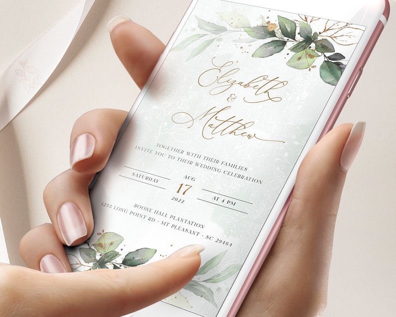 CLEO iPhone Wedding Evite Template, Smartphone Electronic Invitation, Greenery Digital Invite, Mobile Invitation Editable Instant Download image 8