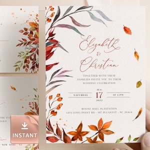 SIENNA - Rustic Fall Wedding Invitation Template, Autumn Leaves and Greenery, Download Editable Invite, Printable Marriage, Bundle Invites