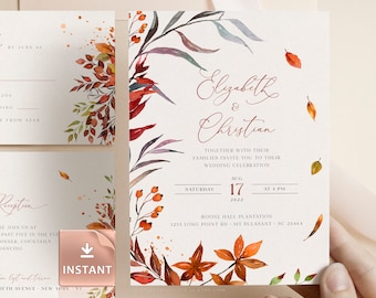 SIENNA - Rustic Fall Wedding Invitation Template, Autumn Leaves and Greenery, Download Editable Invite, Printable Marriage, Bundle Invites