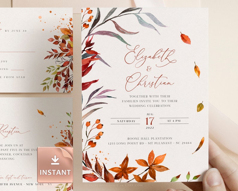 SIENNA Rustic Fall Wedding Invitation Template, Autumn Leaves and Greenery, Download Editable Invite, Printable Marriage, Bundle Invites image 1