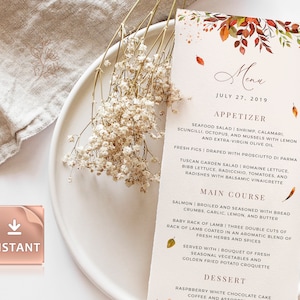 SIENNA - modèle de cartes de menu de mariage d'automne, feuillage de verdure d'automne, menu de douche nuptiale de mariage, brunch, dîner, modèles modifiables imprimables
