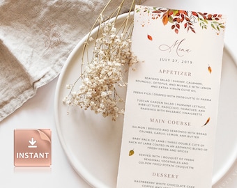 SIENNA - Fall Wedding Menu Cards Template, Autumn Greenery Foliage, Wedding Bridal Shower Menu, Brunch, Dinner, Printable Editable Templates