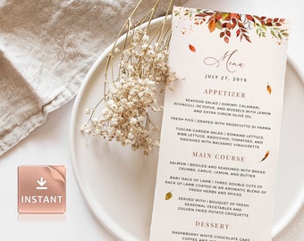 Fall Wedding Menu Template: Autumn Greenery, Printable Editable Cards