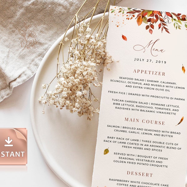 SIENNA - Fall Wedding Menu Cards Template, Autumn Greenery Foliage, Wedding Bridal Shower Menu, Brunch, Dinner, Printable Editable Templates