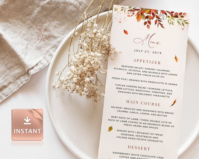 May include: A printable menu template with a watercolor autumn leaf design. The menu is titled "Menu" with the date "July 27, 2019". The menu includes appetizers, main course, and dessert options.
