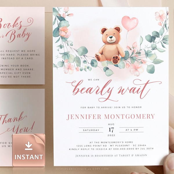 FIZZY Girl Bear Baby Shower Invitation Template, We Can Bearly Wait, Watercolor Baby Bear Girl Invite Printable Bear Shower Invite, Editable