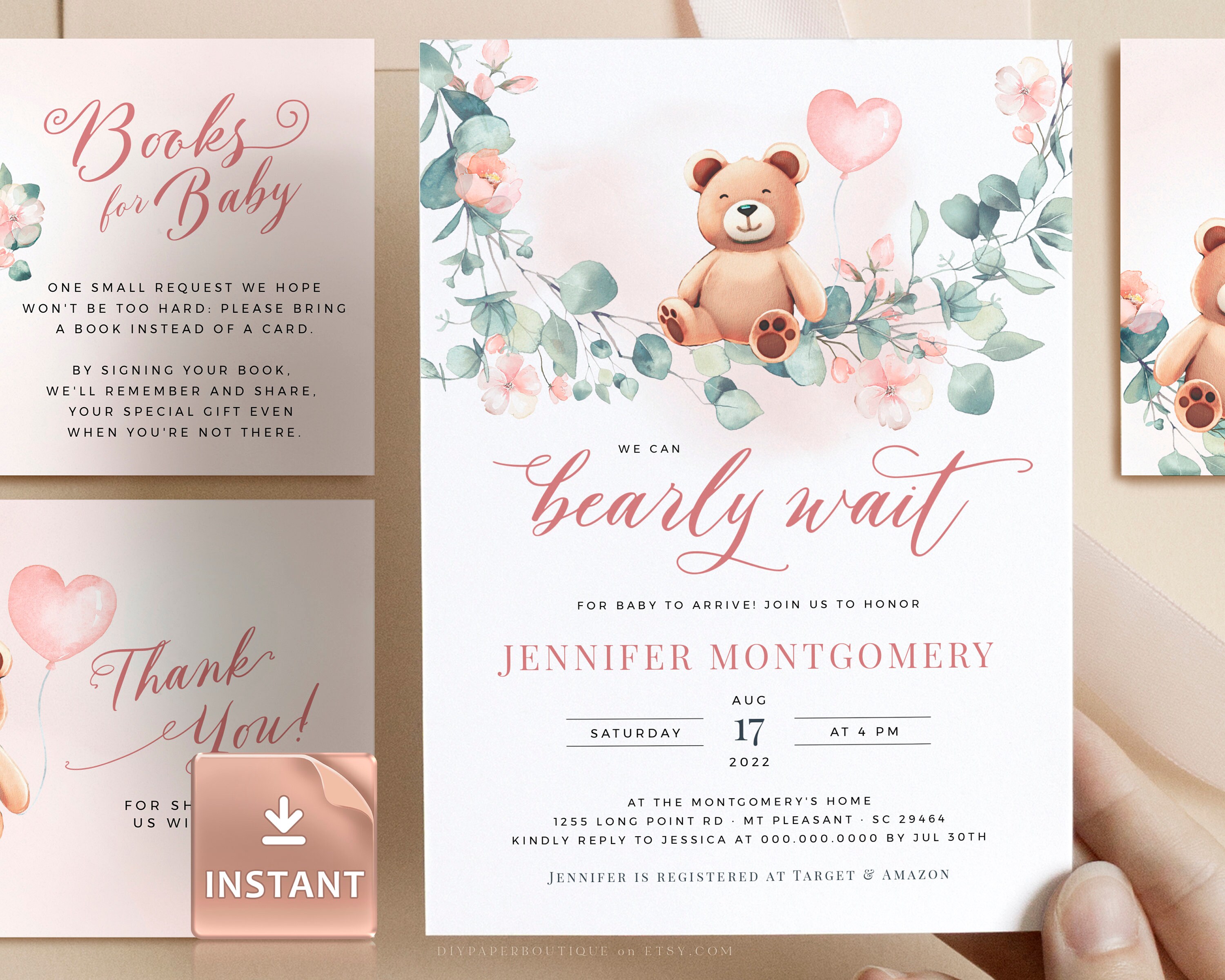 Bear Themed Baby Shower invite Girl Bear with Balloons Invitations