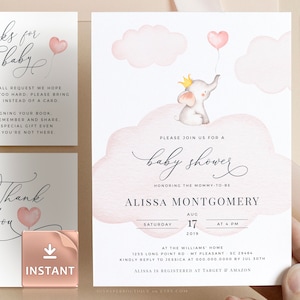 Elephant Girl Baby Shower Invitation Set: Pink Theme (Digital)