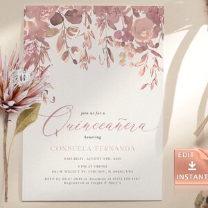 May include: A pink and white floral Quincea&ntilde;era invitation with the text "Join us for a Quincea&ntilde;era honoring Consuela Fernanda" and details for the event. The invitation has a watercolor floral design with pink and white flowers and leaves.
