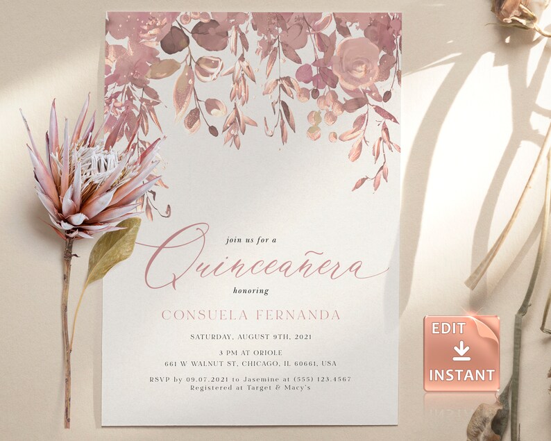 May include: A pink and white floral Quincea&ntilde;era invitation with the text "Join us for a Quincea&ntilde;era honoring Consuela Fernanda" and details for the event. The invitation has a watercolor floral design with pink and white flowers and leaves.