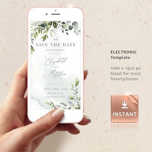 REESE Save the Date Evite, Smartphone Electronic Invitation, Greenery Digital Template, Save Our Date Evite, Instant Download image 1